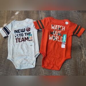 NWT Spring baby boy 2pc orange & gray onesie set size 12mos Dinosaurs & Sports